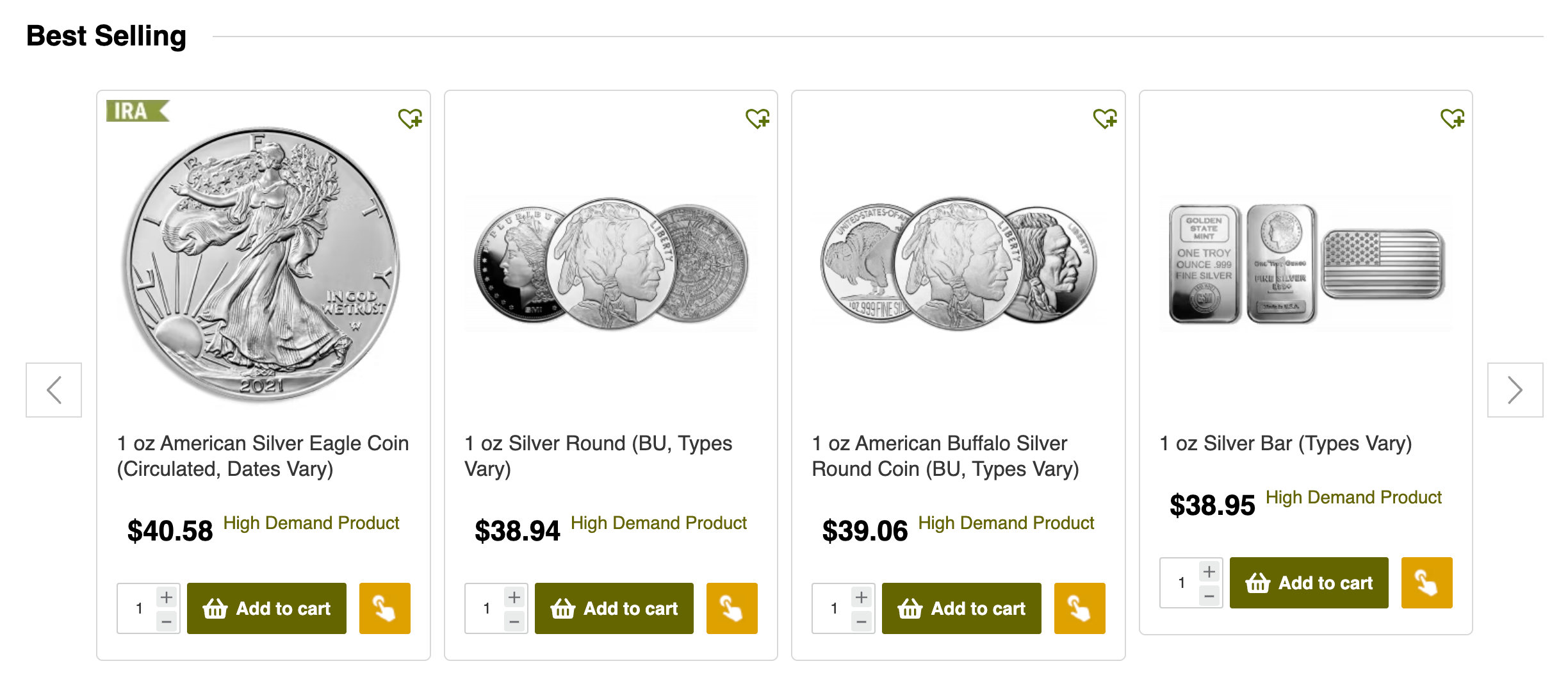 Image of several best selling silver products from Blanchard including 1 oz. American Silver Eagle Coin and 1 oz Silver Round
