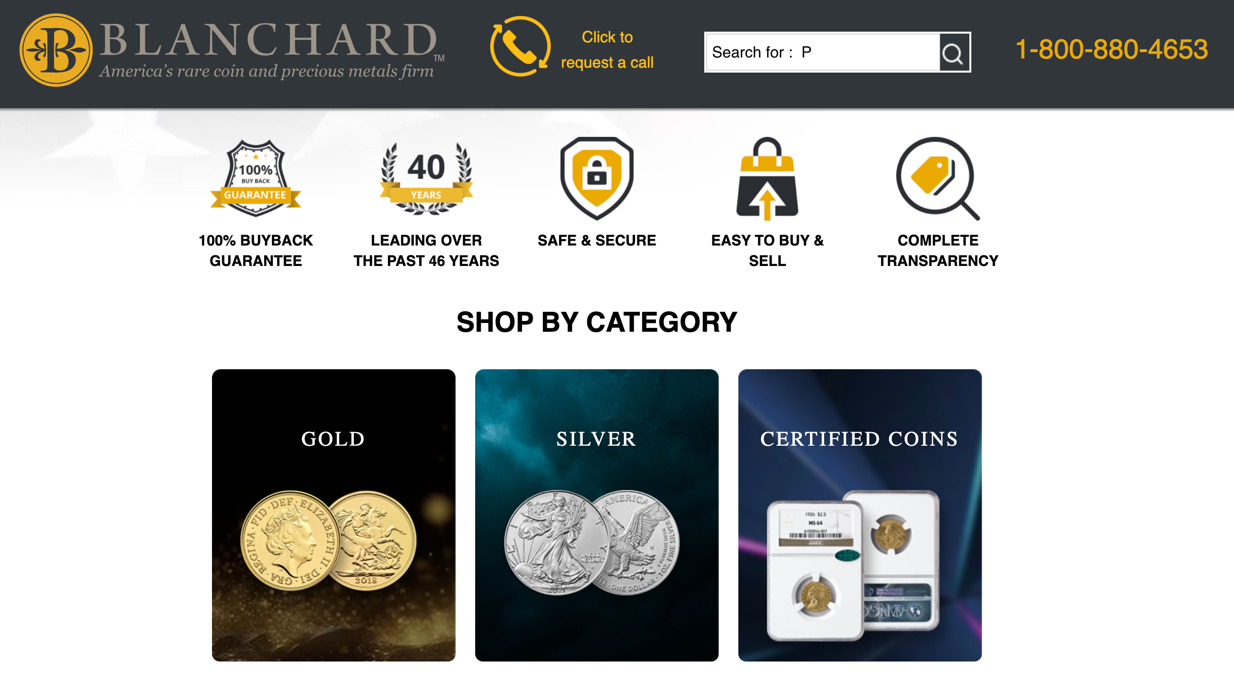 Image from the Blanchard home page featuring gold, silver, and certified coins to purchase