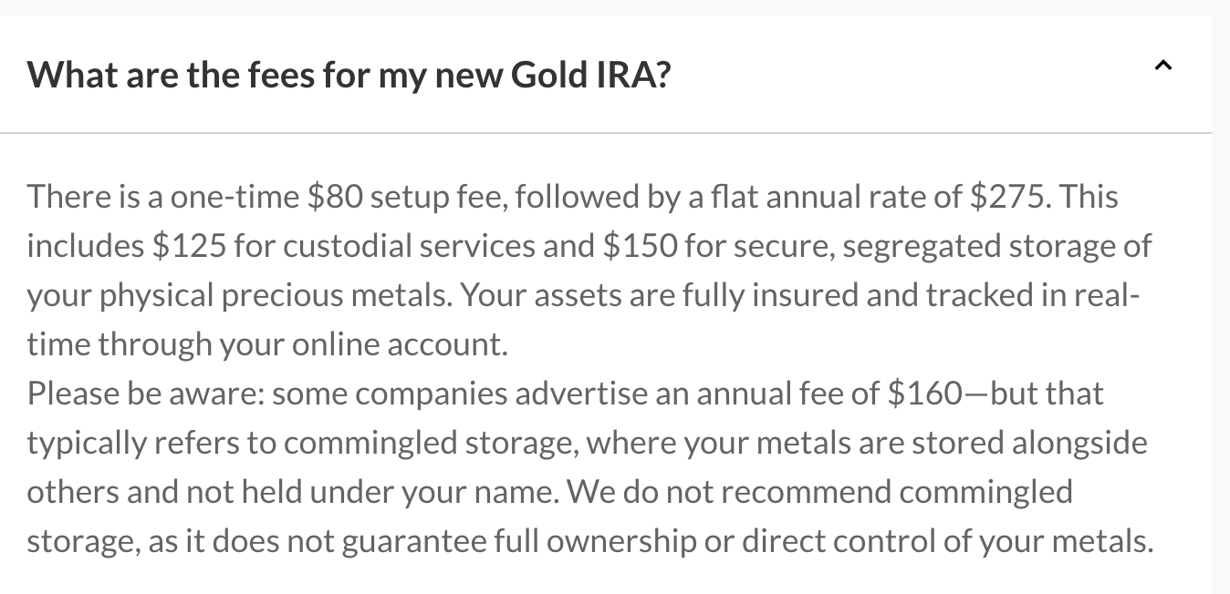 Image from the Noble Gold Investments website explaining the fees for a new gold IRA