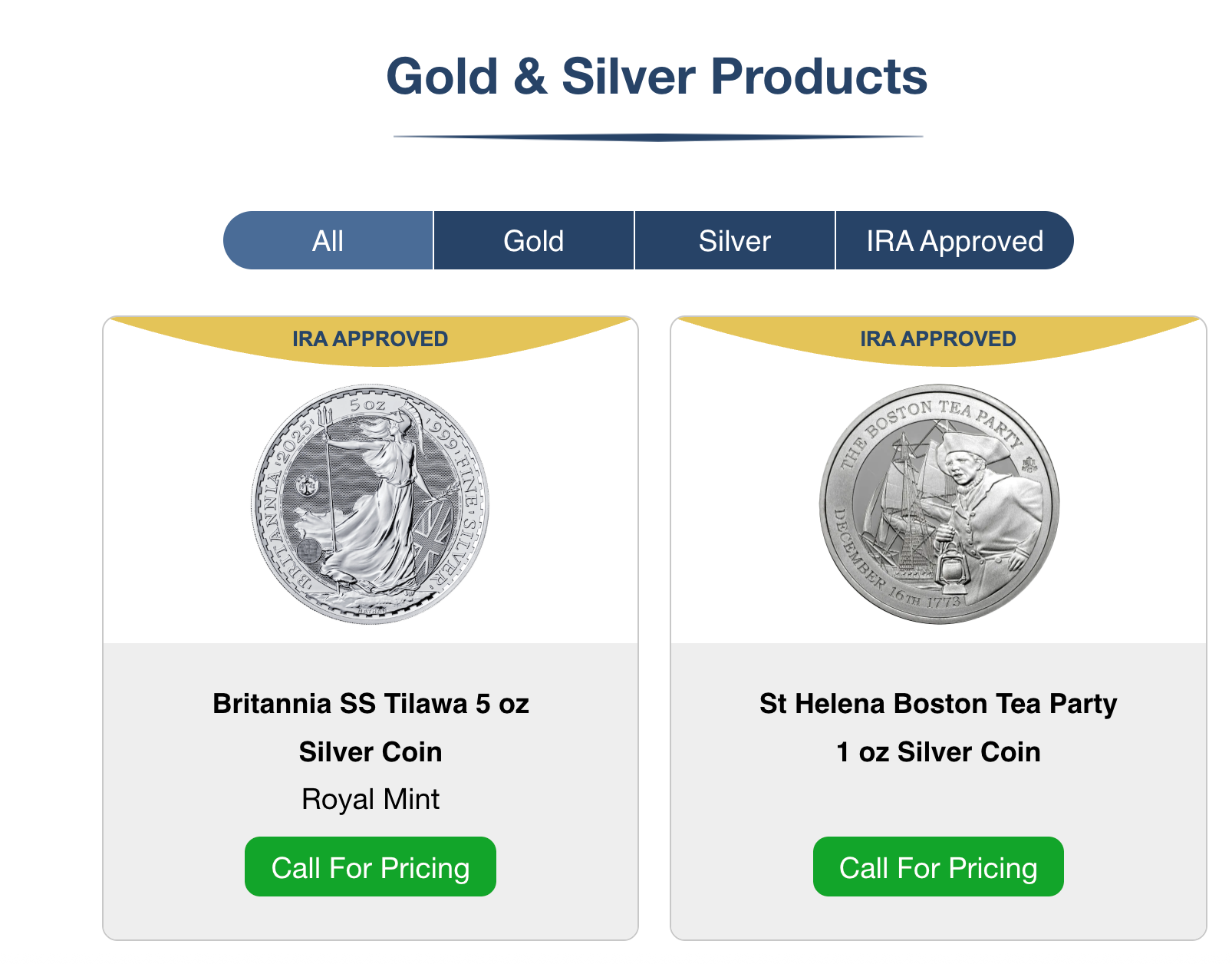 Image of gold & silver products available at American Hartford Gold