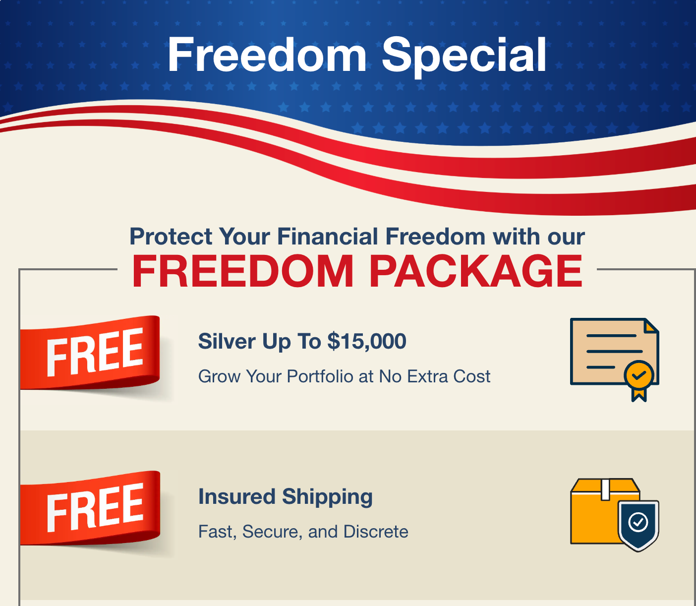 Image of promotions from the American Hartford Gold website